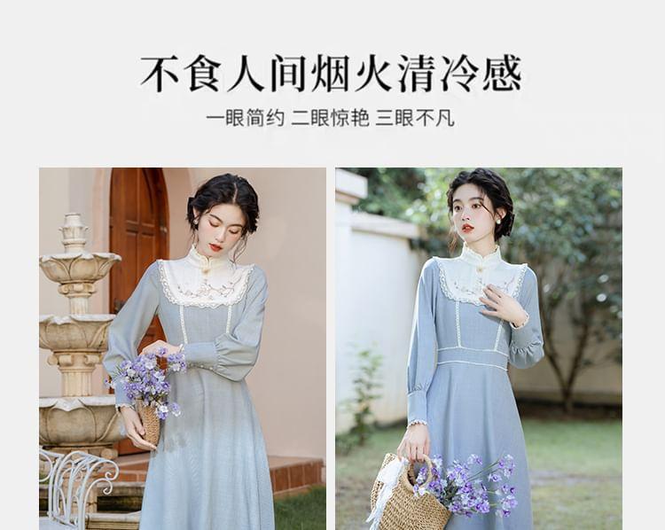 Long-Sleeve Stand Collar Floral Embroidered Lace Trim Midi A-Line Dress Product Image