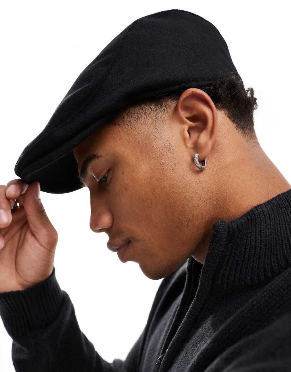 ASOS DESIGN flat cap in black melton Product Image