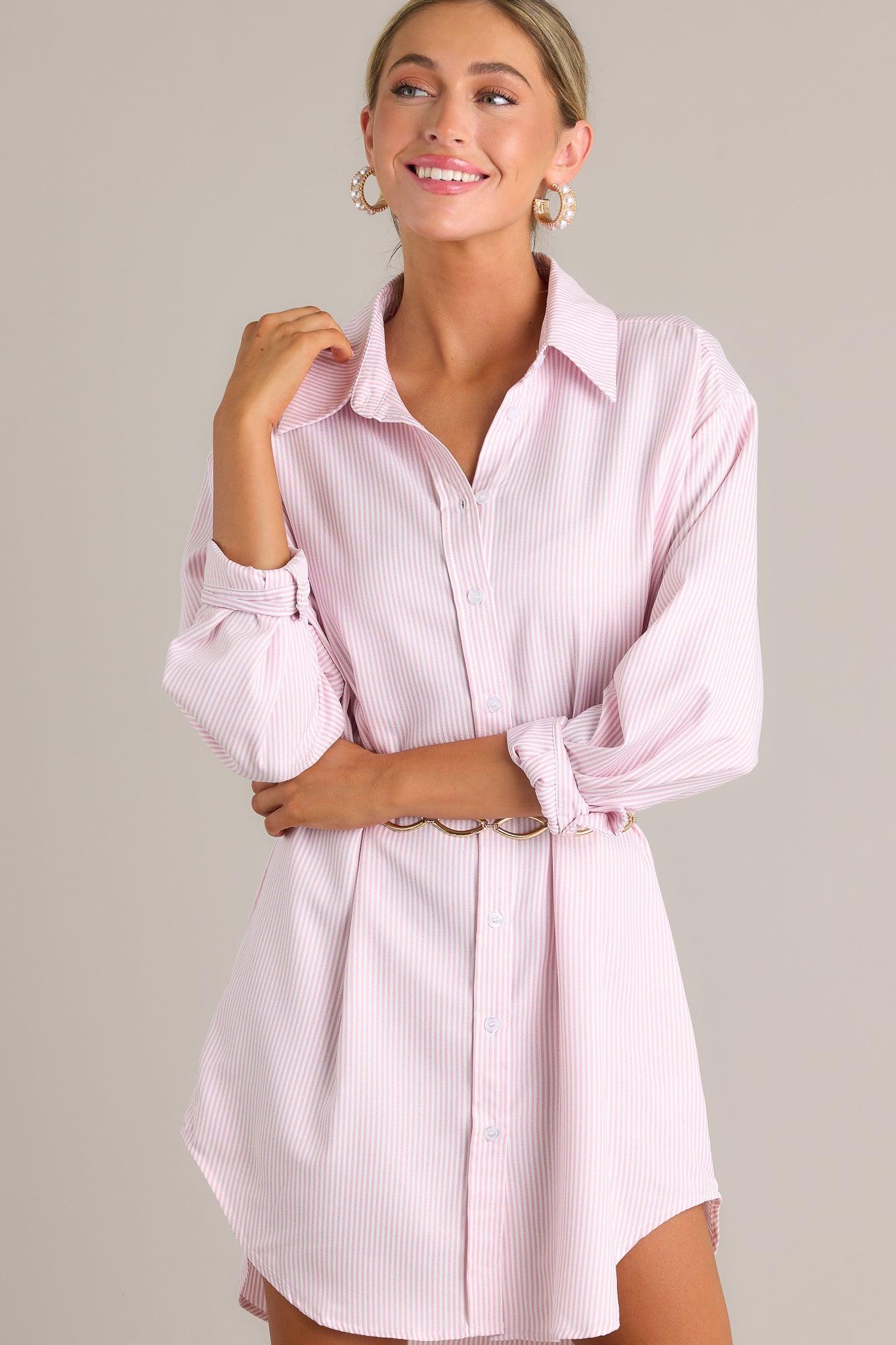 My Everything Pink Stripe Button Front Shirt Dress Product Image