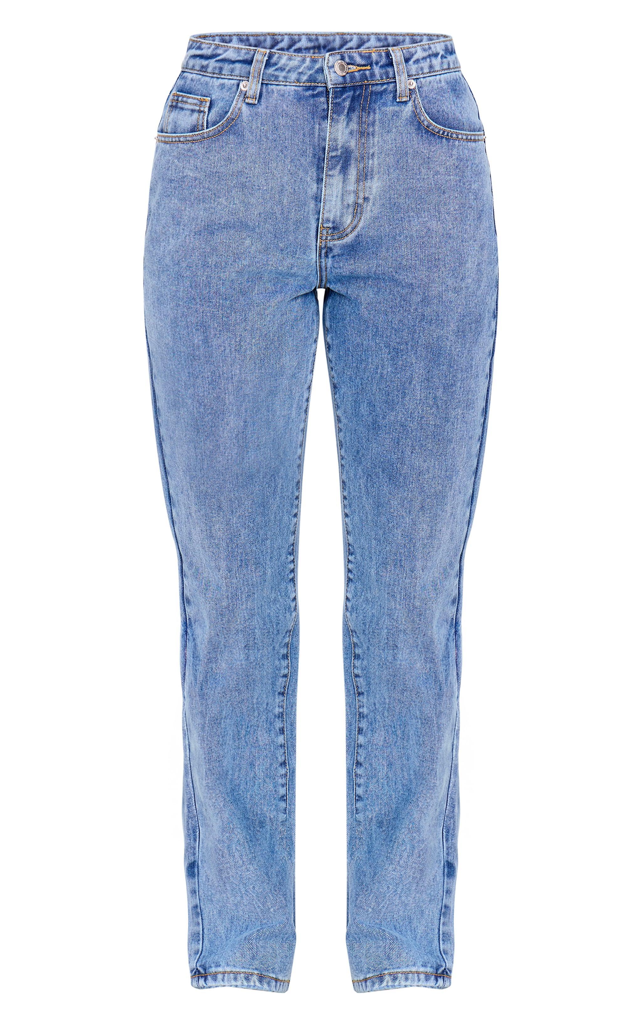 PRETTYLITTLETHING Mid Blue Wash High Waist Straight Leg Jeans Product Image