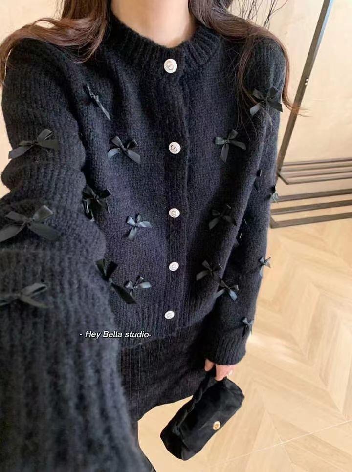 Round Neck Plain Fluffy Bowknot Button Up Cardigan Product Image