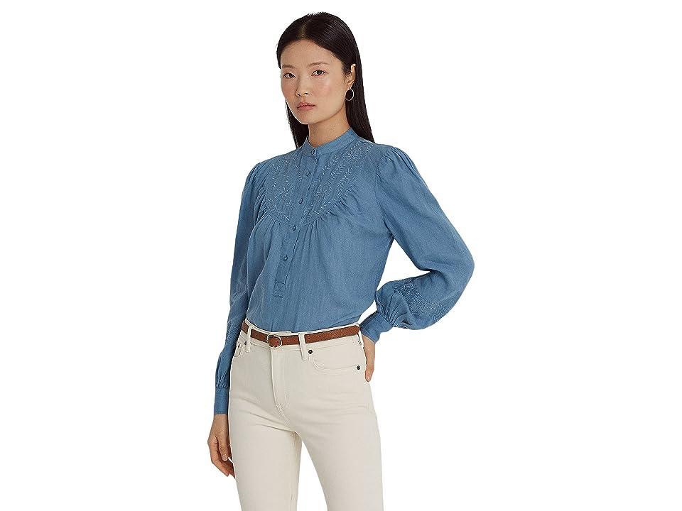 LAUREN Ralph Lauren Embroidered Linen Blouse (Provincial Blue) Women's Clothing Product Image