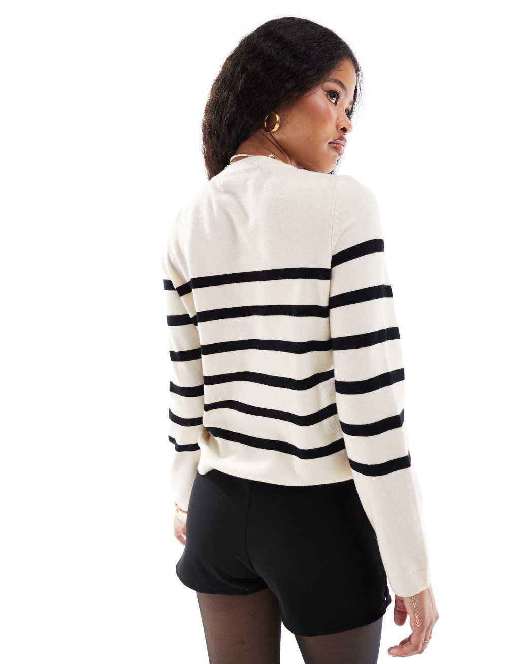 Vero Moda Petite crew neck sweater in cream with black stripes Product Image