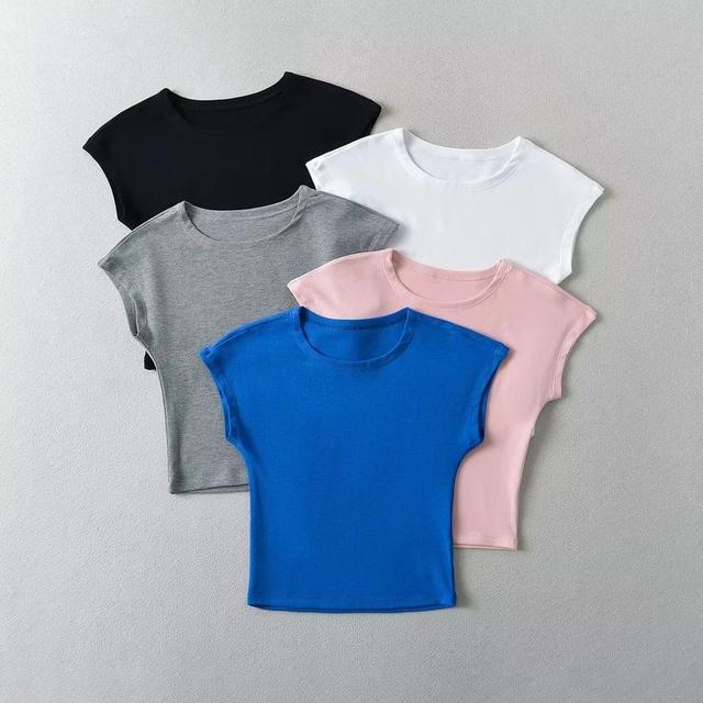 Cap-Sleeve Round Neck Plain Crop T-Shirt Product Image