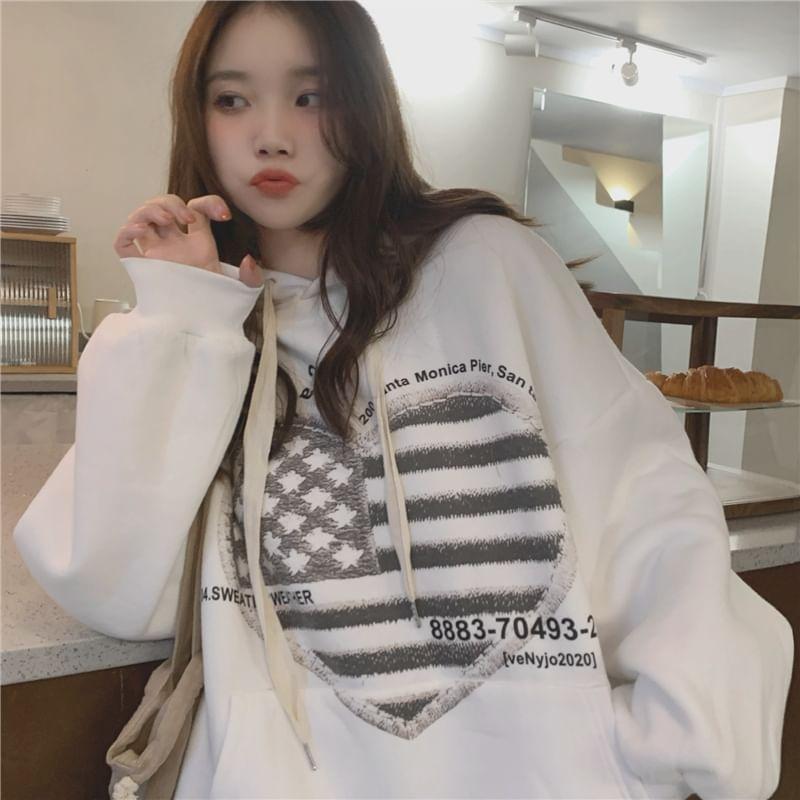 Heart Print Drawstring Fleece-Lined Hoodie Product Image