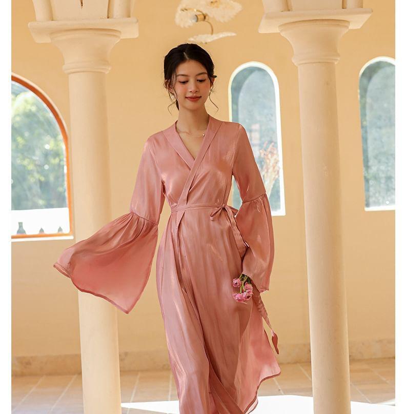 Plain Tie Waist Pajama Robe Product Image