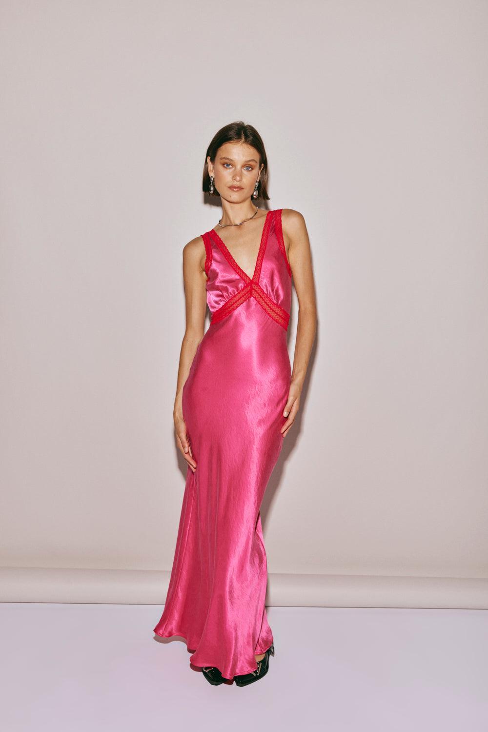 Meet Me On The Dance Floor Bias Cut Maxi Dress Fuchsia Product Image