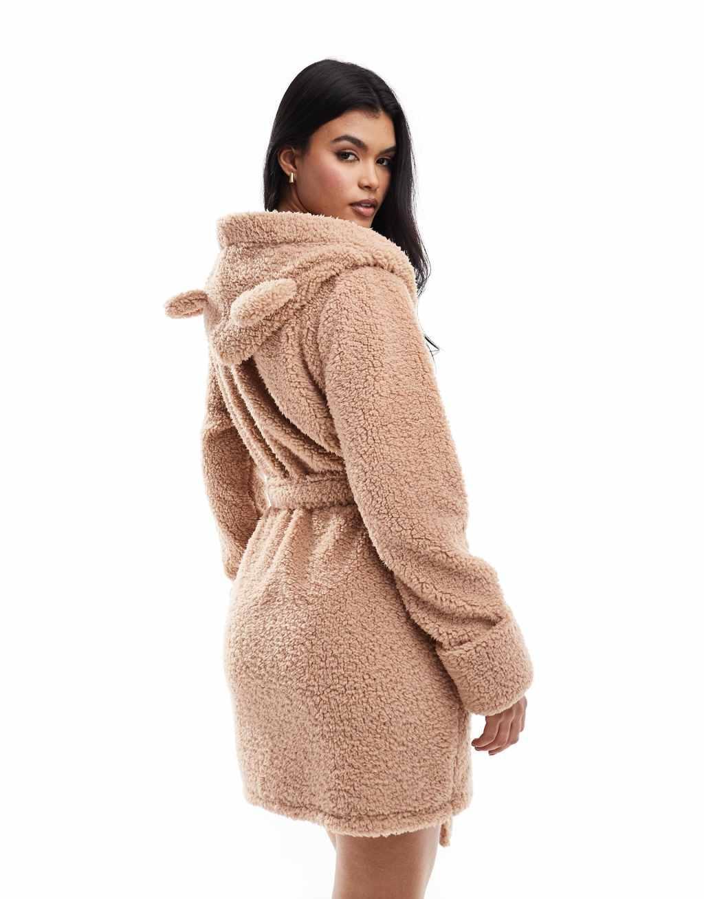 ASOS DESIGN super soft teddy ear robe in brown Product Image