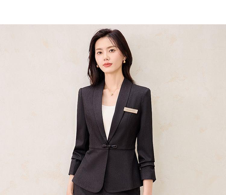 Shawl Lapel Plain Frog Closure Blazer / High Waist Flared Dress Pants / Set Product Image