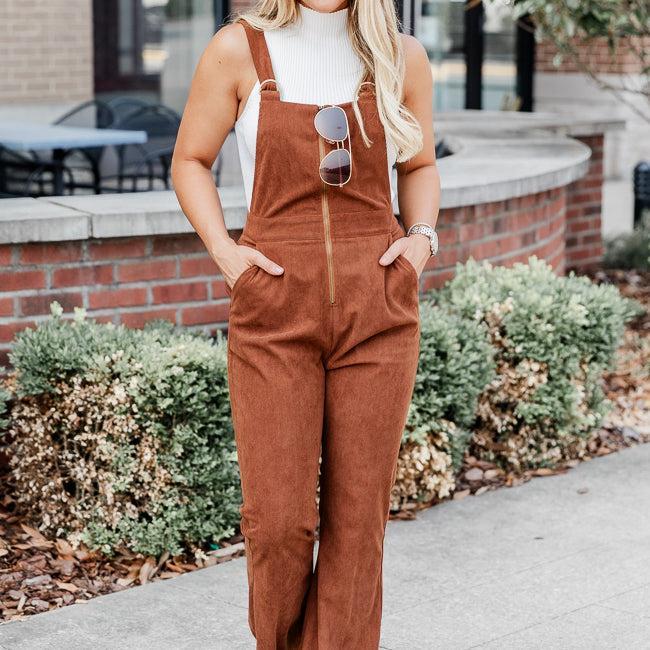 Perfect For You Brown Corded Zip Up Overalls FINAL SALE Product Image