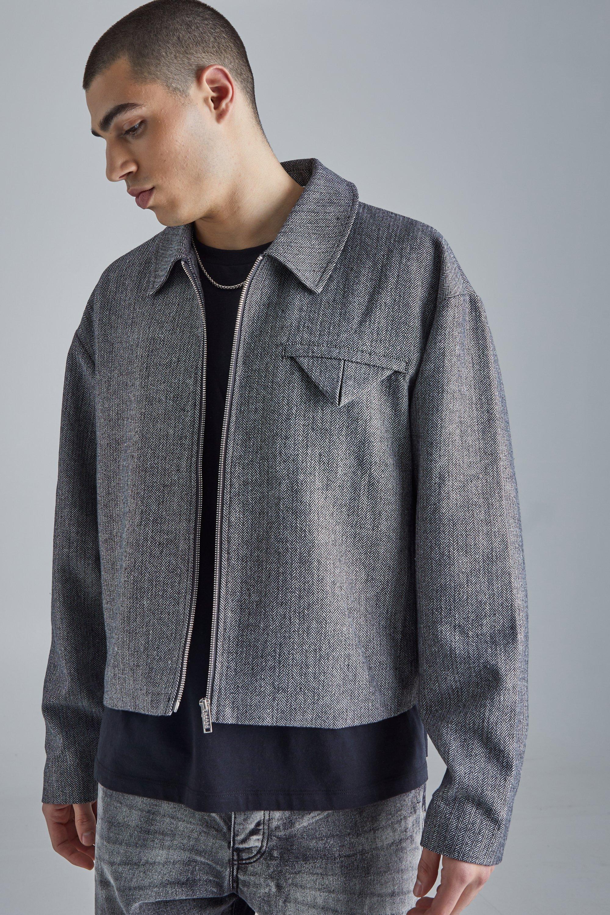 Boxy Herringbone Collared Jacket | boohooMAN USA Product Image