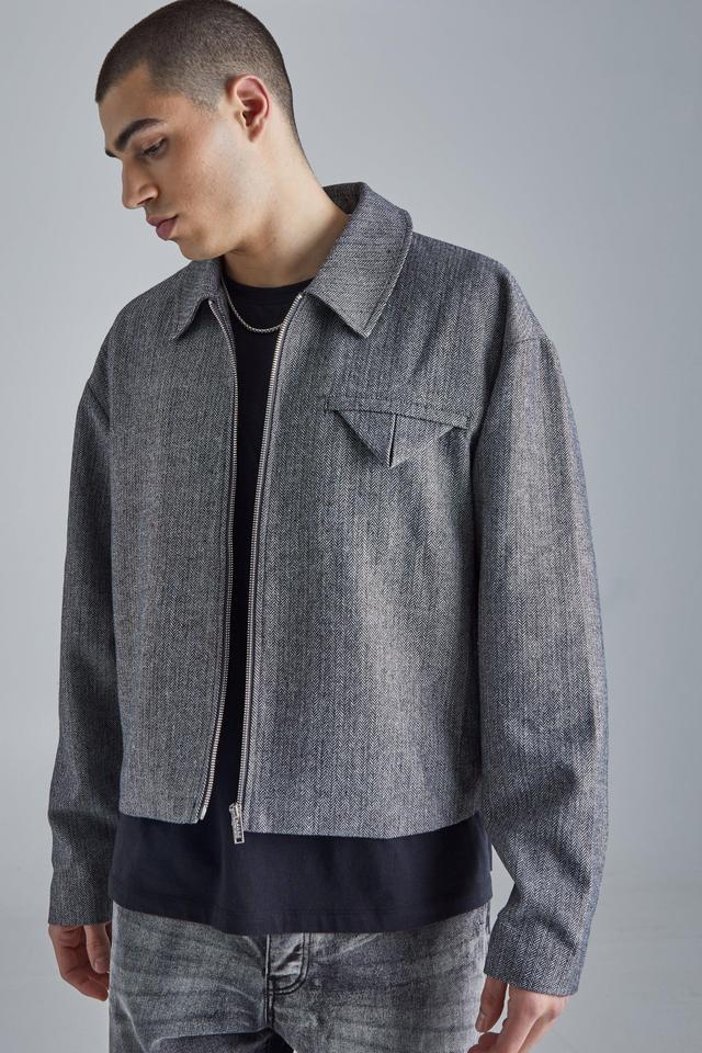 Boxy Herringbone Collared Jacket | boohooMAN USA Product Image