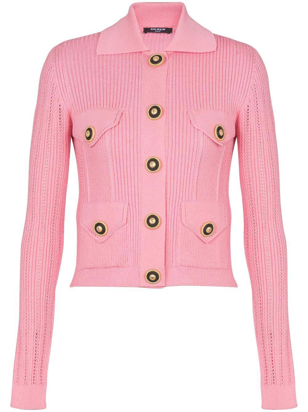 BALMAIN Cropped Knit Cardigan In Pink Product Image