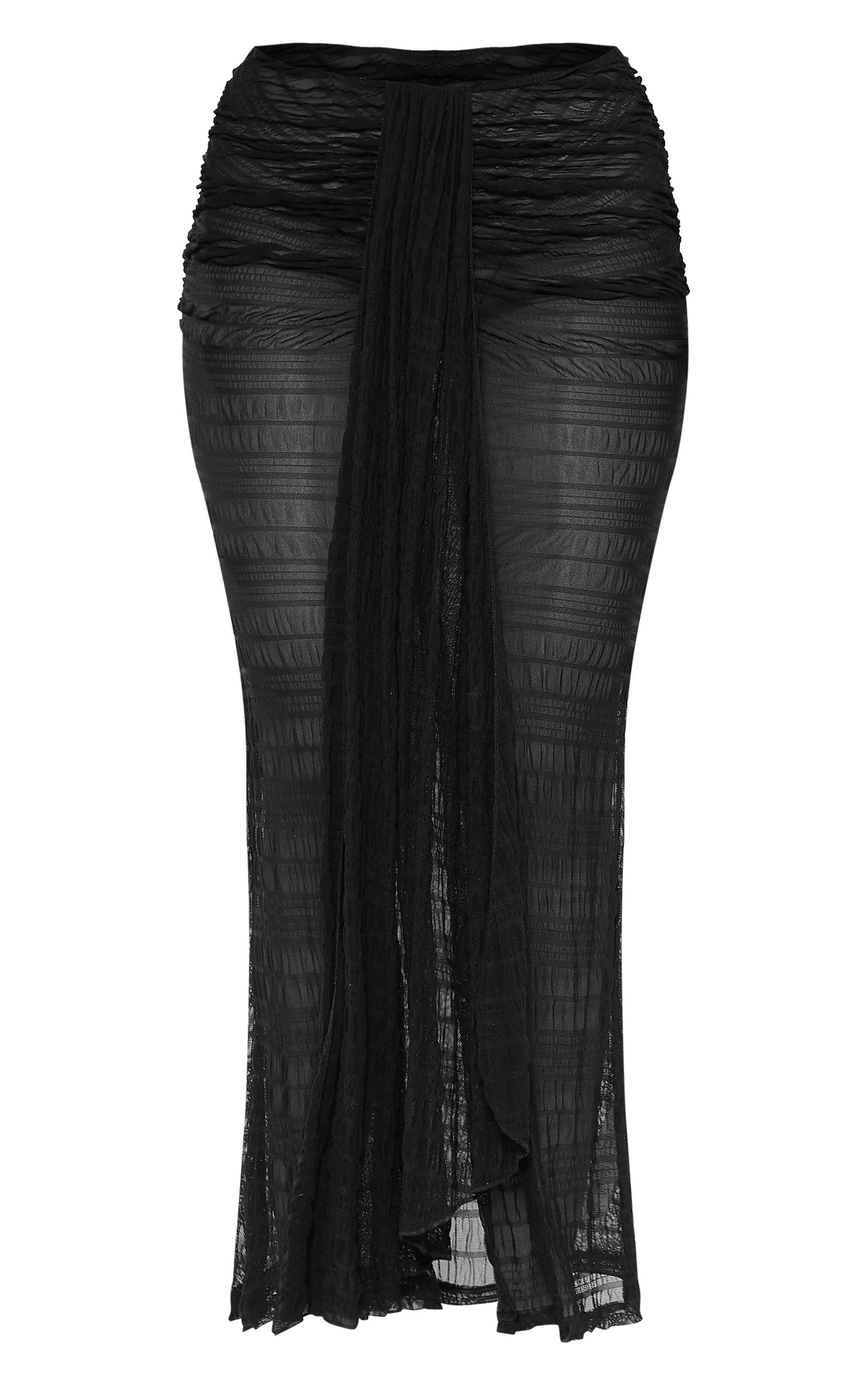 Black Sheer Textured Drape Front Maxi Skirt Product Image