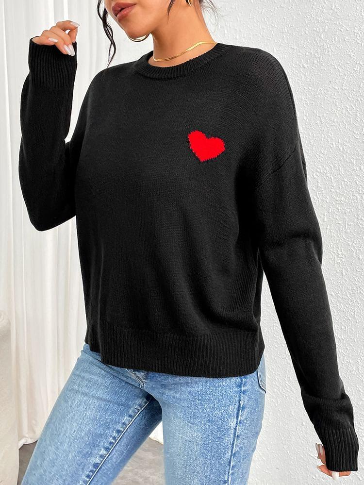 Long-Sleeve Crewneck Heart Jacquard Knit Top Product Image