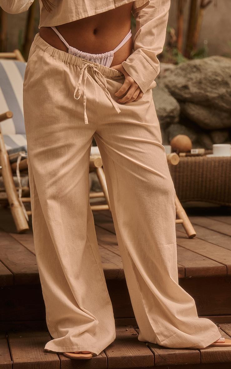 Stone Linen Look Wide Leg Beach Pants Product Image