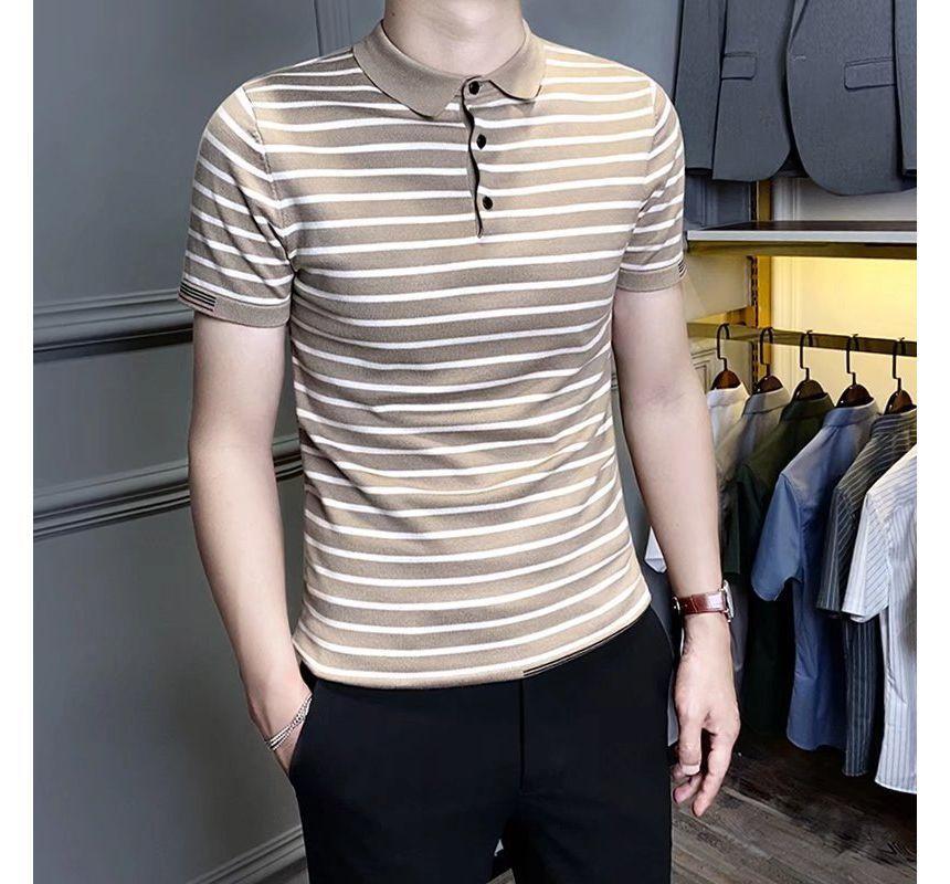 Short-Sleeve Striped Polo Knit Top Product Image