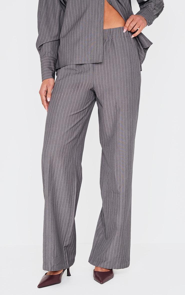 Grey Woven Pinstripe Detail Wide Leg Pants Product Image