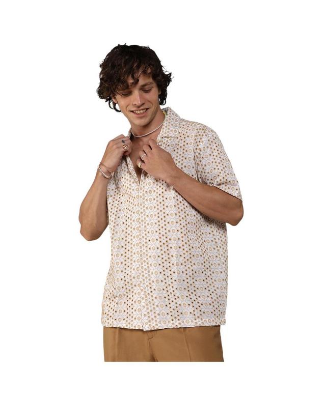 Campus Sutra Mens Off Tan Brown Embroidered Circular Shirt - White Product Image