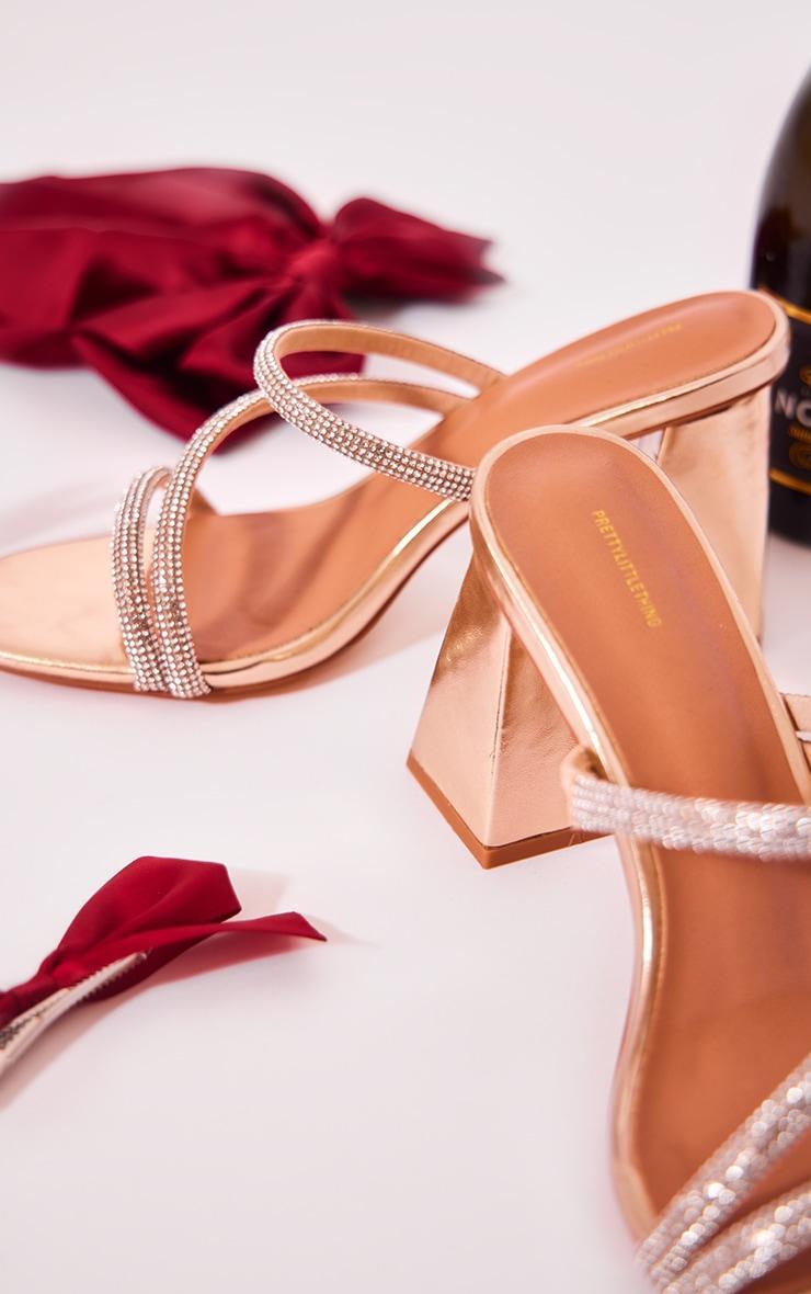 Gold PU Square Toe Asymmetric Diamante Strap Block Heeled Sandals Product Image