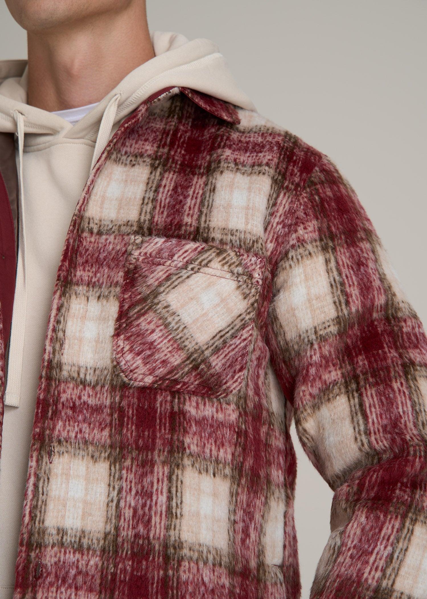 Heavyweight Brushed Flannel Overshirt for Tall Men in Ecru and Red Plaid Male Product Image