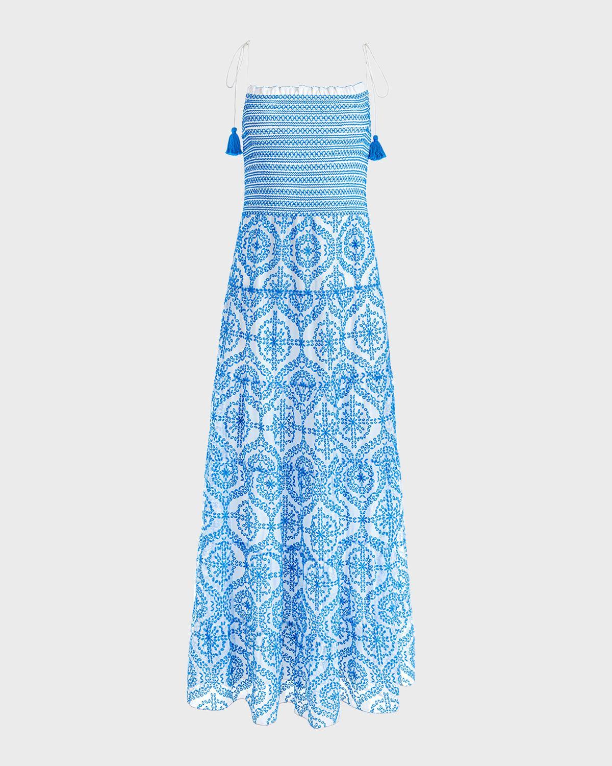 ALICE AND OLIVIA Marna Embroidered Tiered Tie-strap Maxi Dress In Off White French Blue Product Image