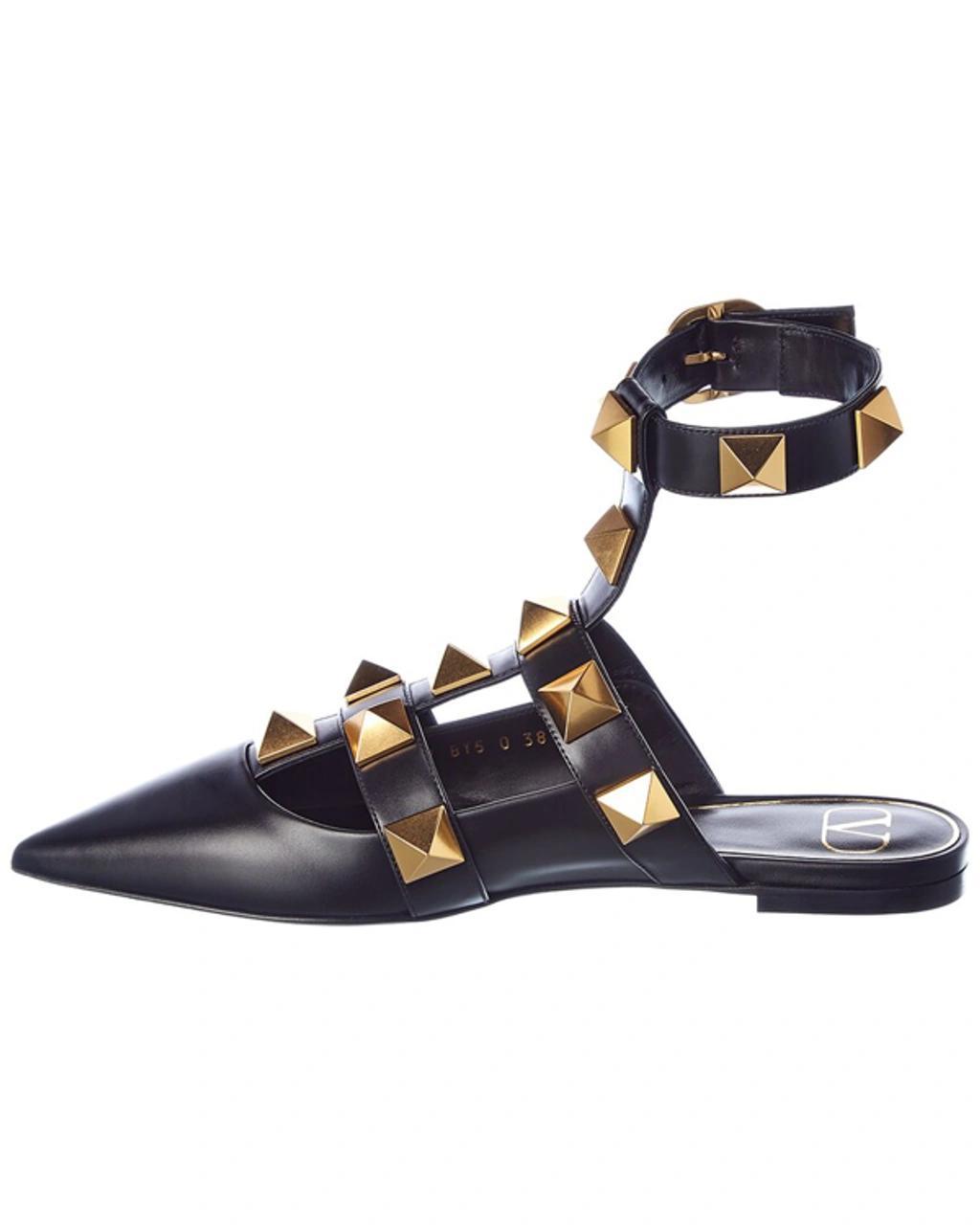 VALENTINO GARAVANI Valentino Roman Stud Leather Ankle Strap Flat In Black Product Image