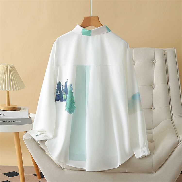 Plus Size Long-Sleeve Print Button-Up Shirt Product Image