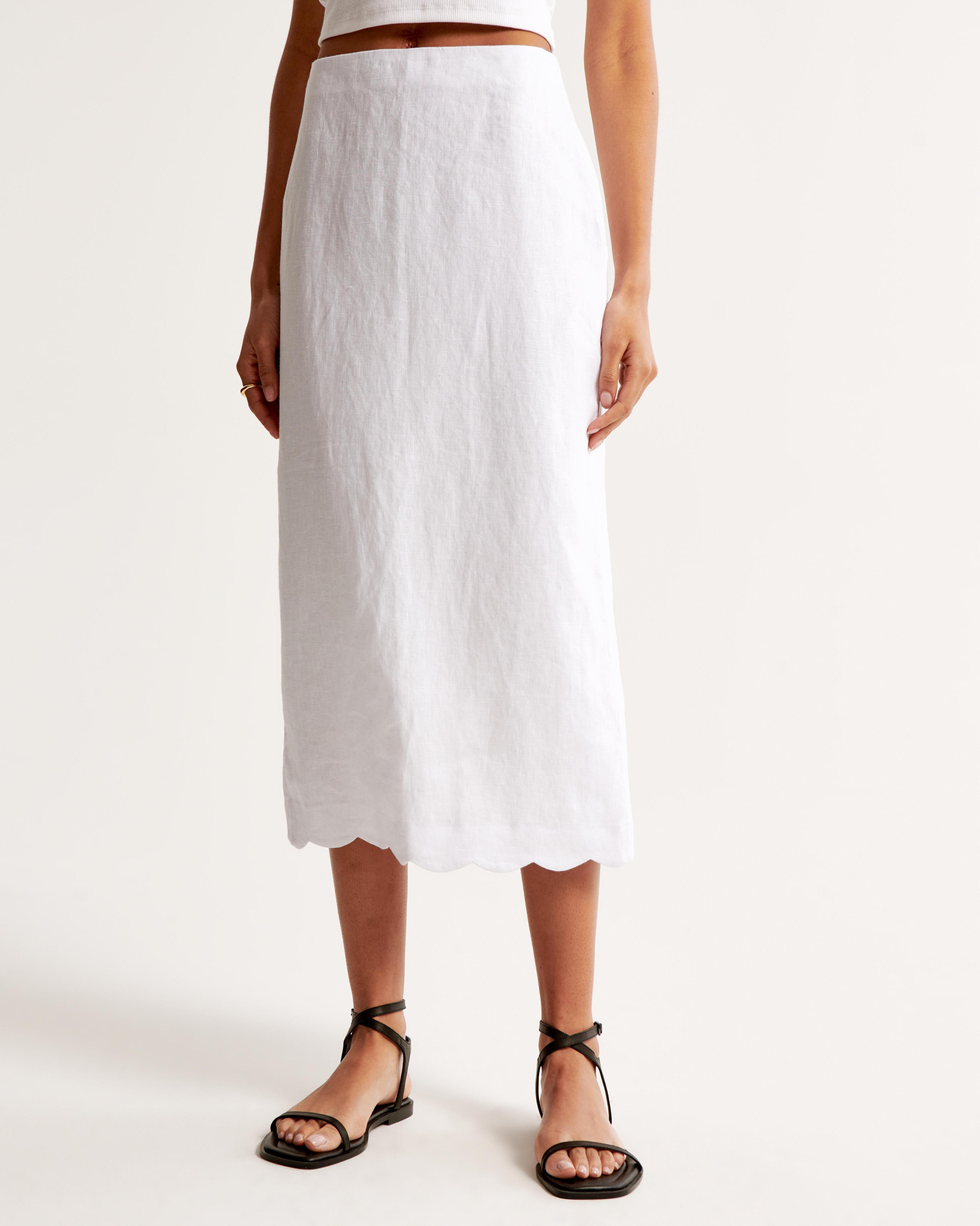 Premium Linen Scallop-Hem Midi Skirt Product Image