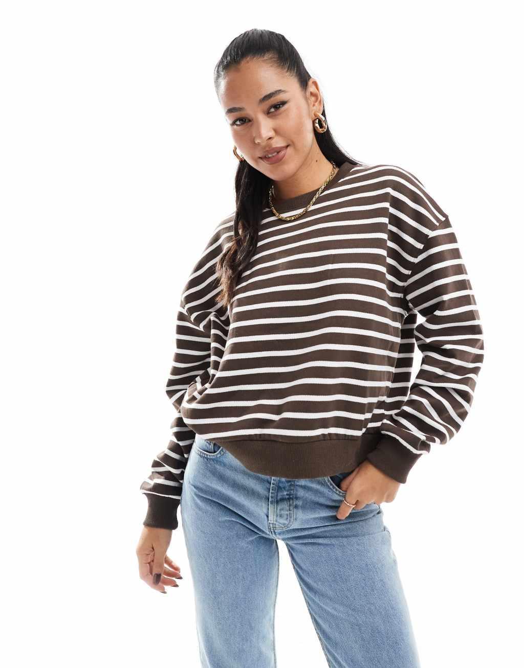 Pull&Bear oversized stripe sweater in brown and white Product Image