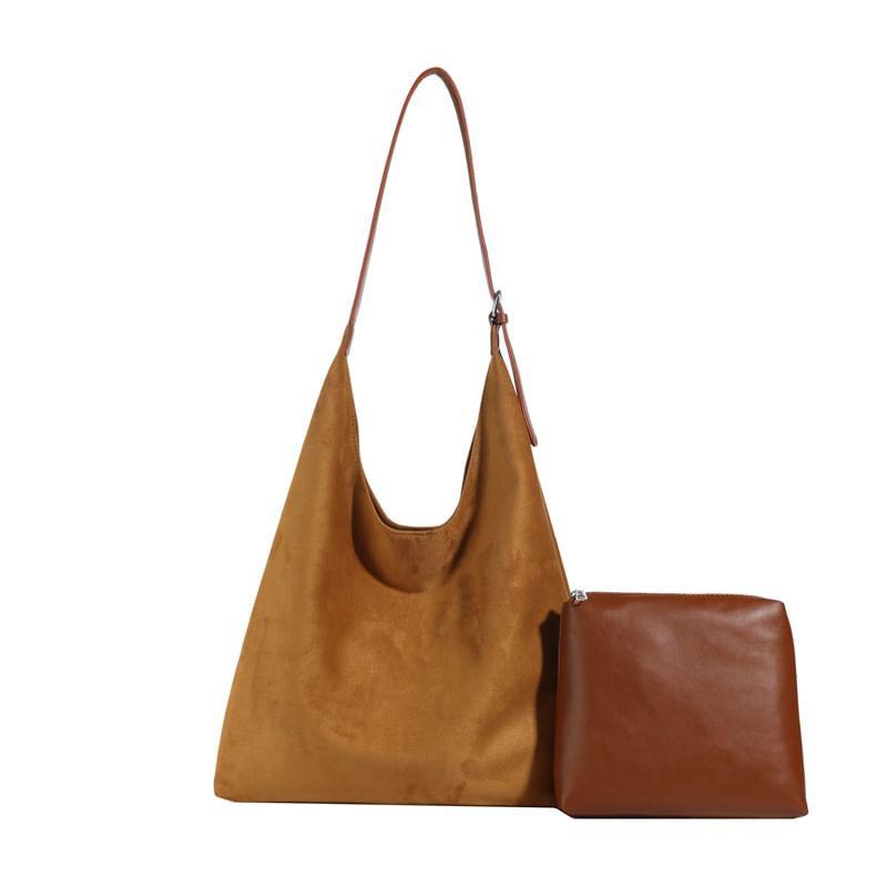 Set: Faux Suede Tote Bag With Pouch Product Image