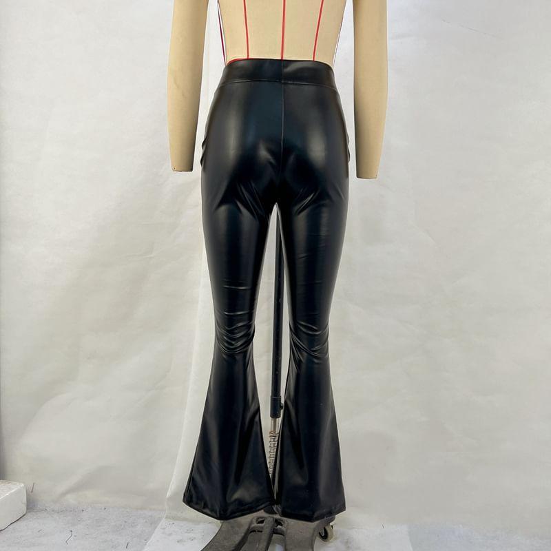 High Rise Plain Faux Leather Bootcut Pants Product Image