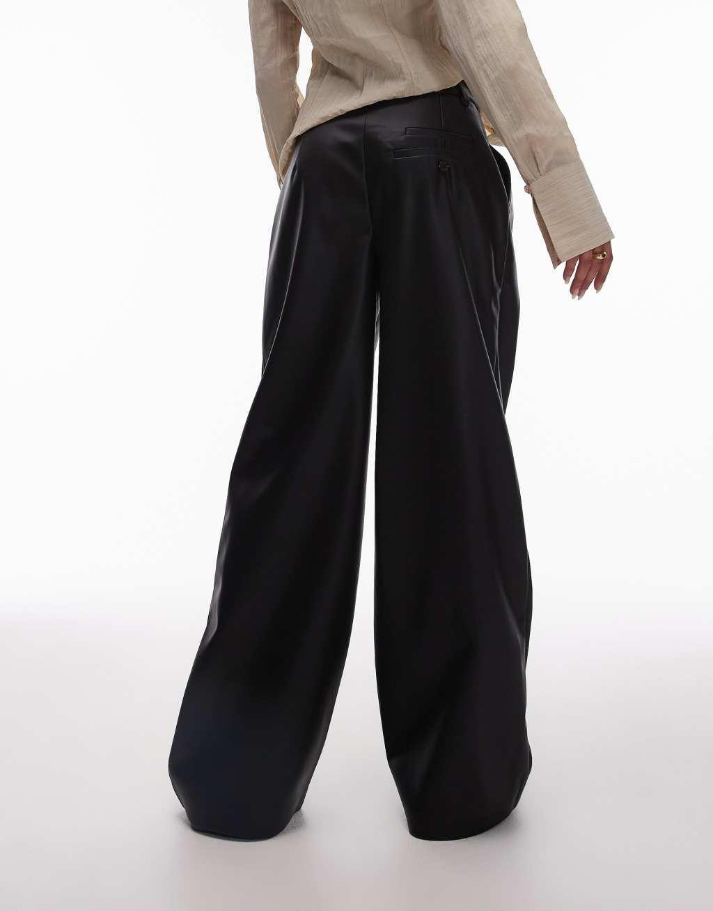 Topshop faux leather wide leg tailored pants in black Product Image