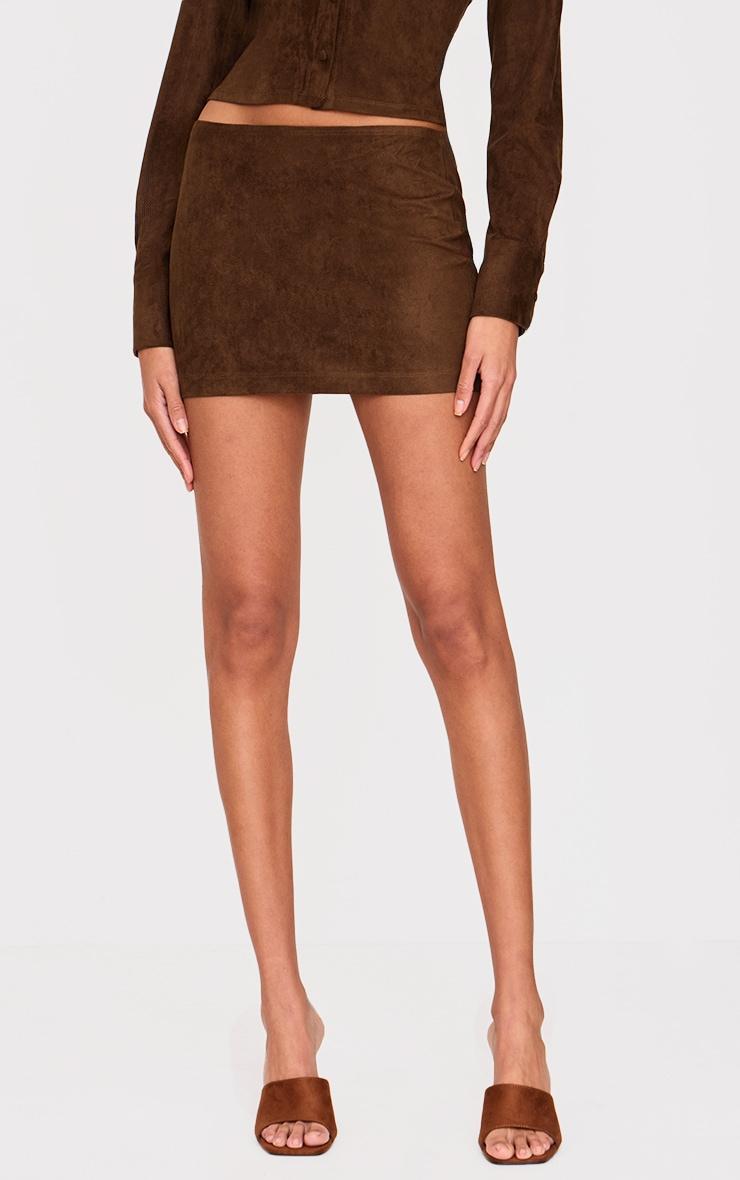 Chocolate Distressed Faux Suede Low Rise Micro Mini Skirt Product Image