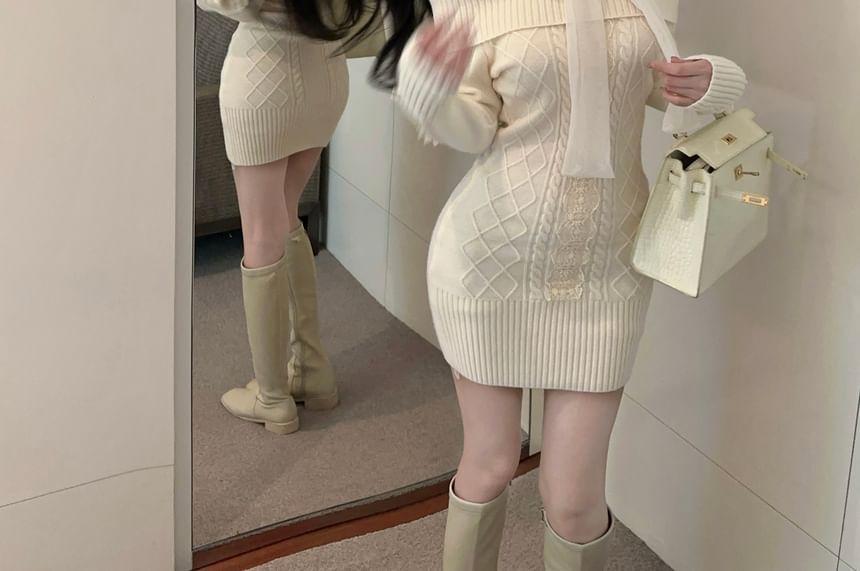 Long Sleeve Off Shoulder Plain Cable Knit Bodycon Mini Dress Product Image