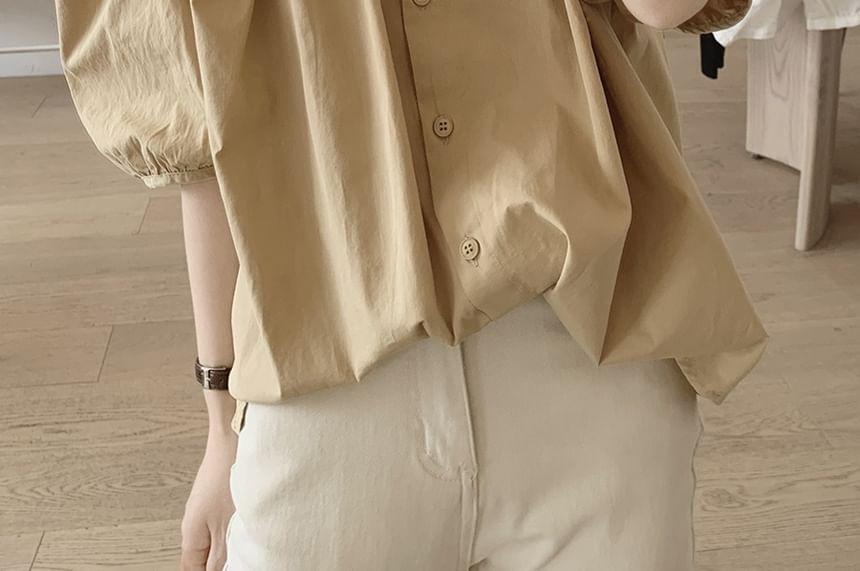 Puff-Sleeve Crew Neck Plain Blouse Product Image