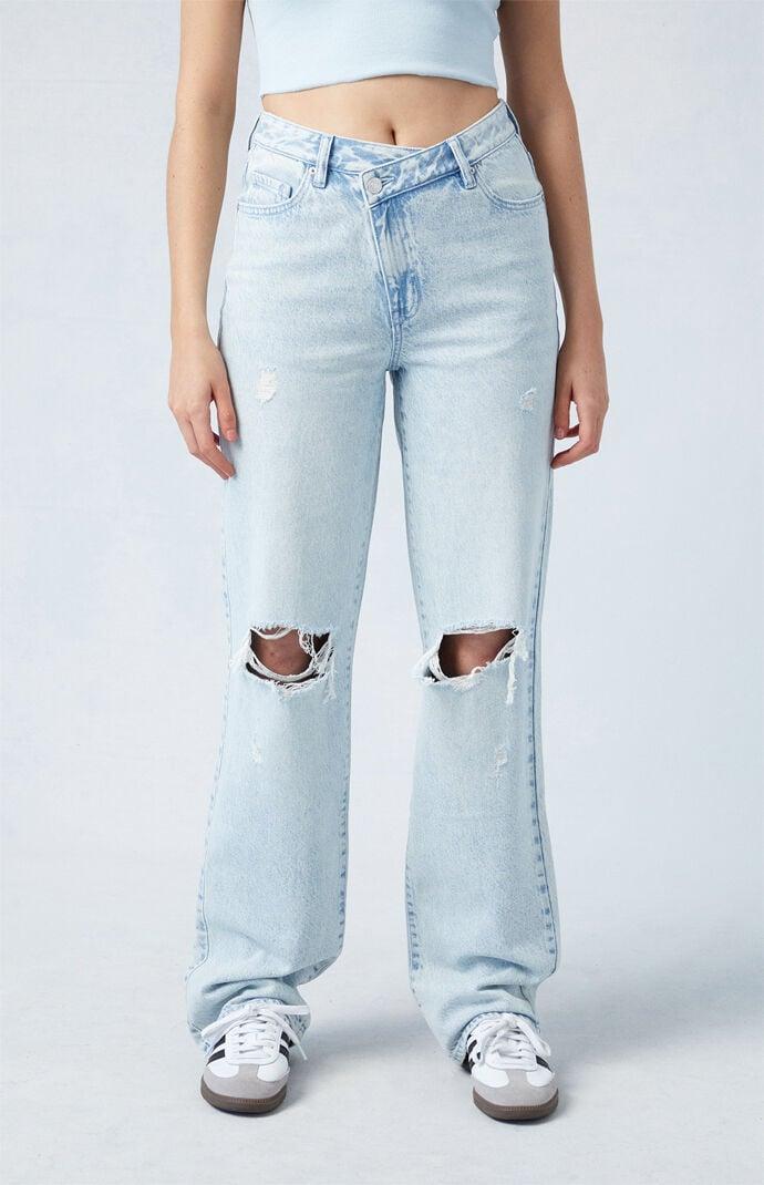 Women's Eco Light Indigo Ripped Asymmetrical Waistband '90s Boyfriend Jeans Product Image