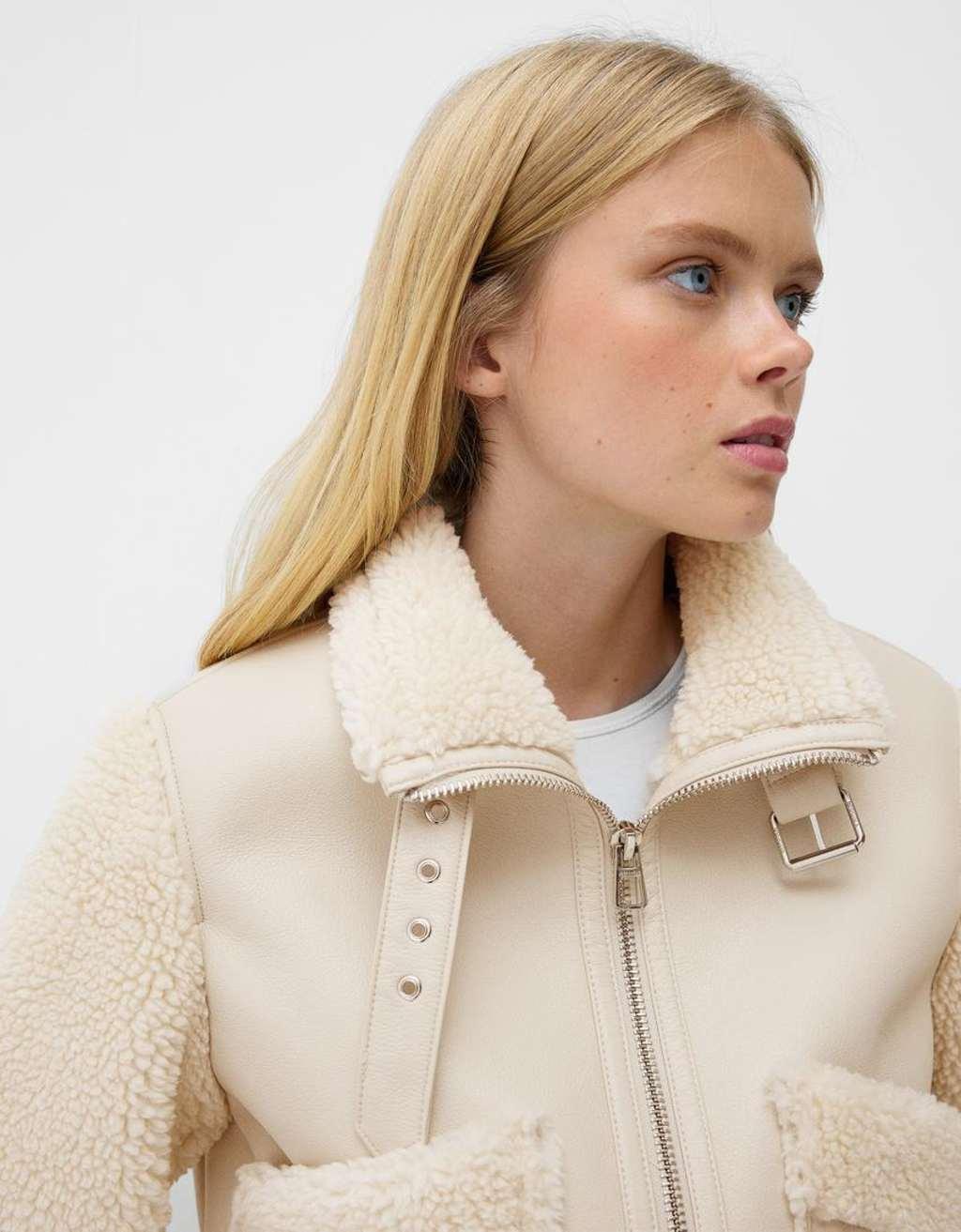 Bershka shearling and faux leather jacket in cream Product Image