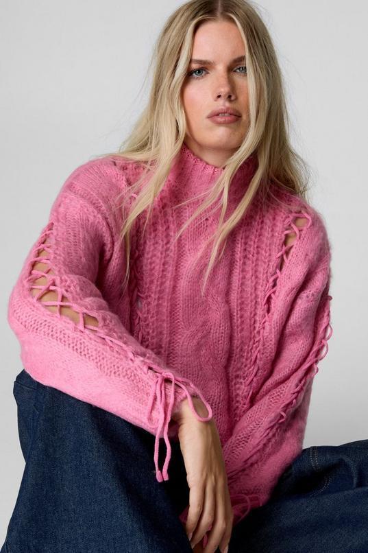 Cable Funnel Neck Lace Up Sweater Product Image