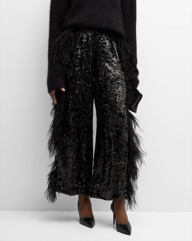 Feather Side-Stripe Sequin Relaxed Wide-Leg Trousers Product Image