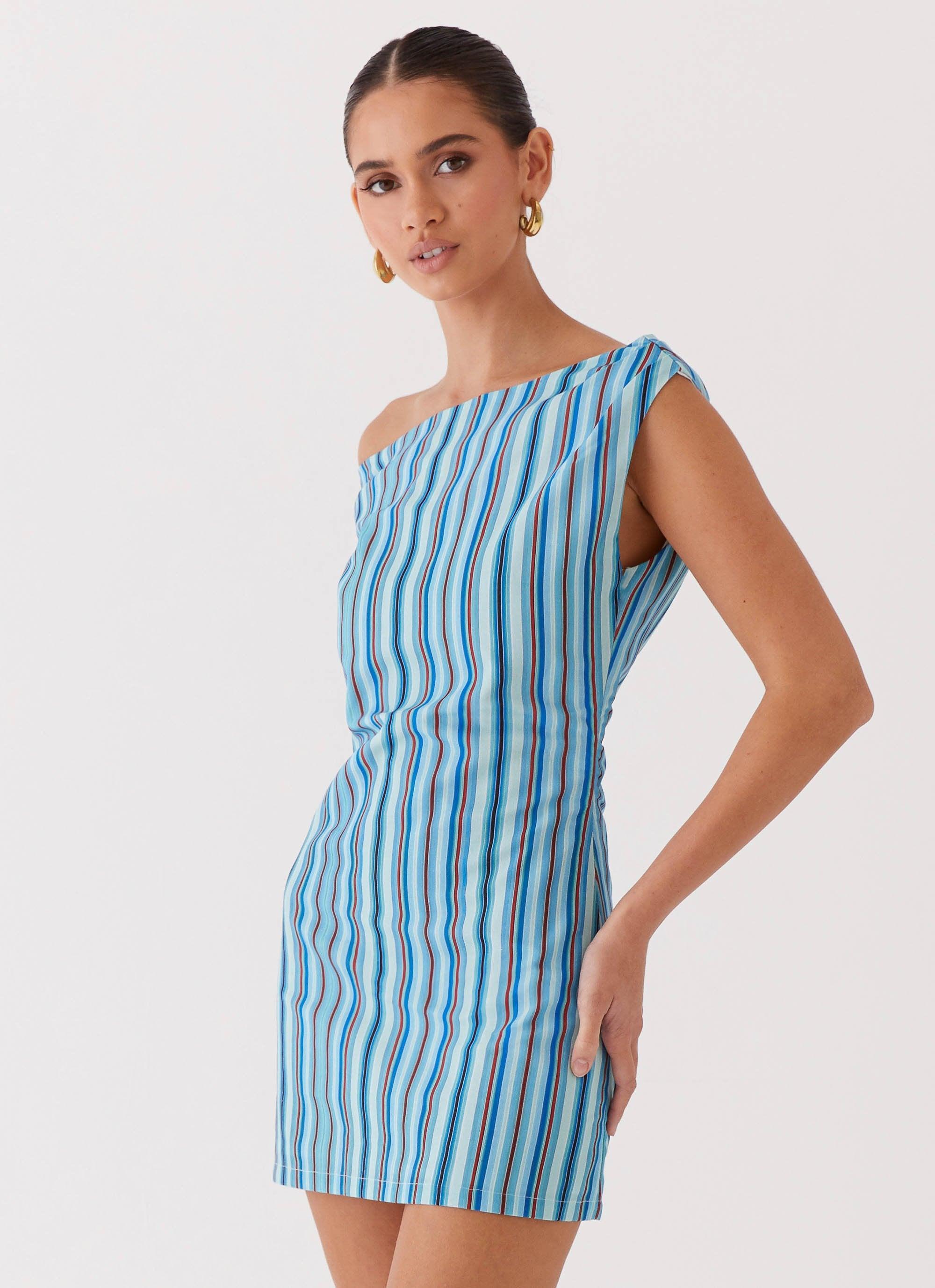 Saona Off Shoulder Mini Dress - Blue Stripe Product Image