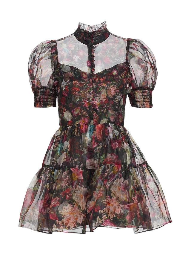 Alice + Olivia Vernita Floral Print Puff Sleeve Silk Minidress Product Image