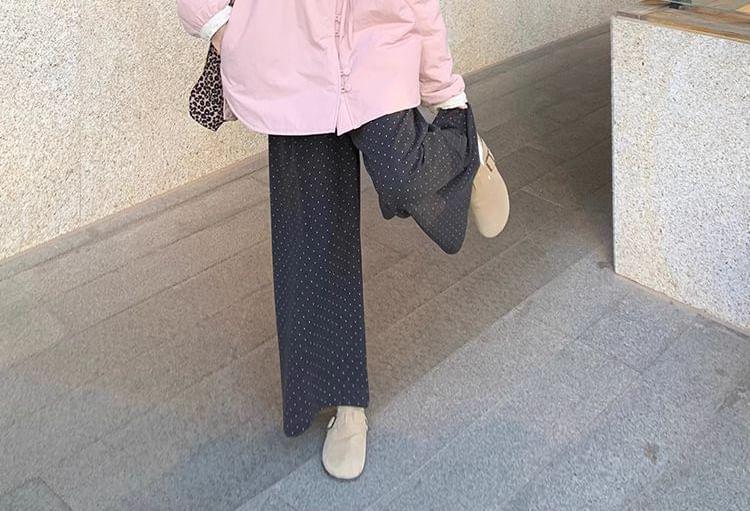 Plain Bow Single-Breasted Jacket / Mid Rise Dotted Wide Leg Pants Product Image