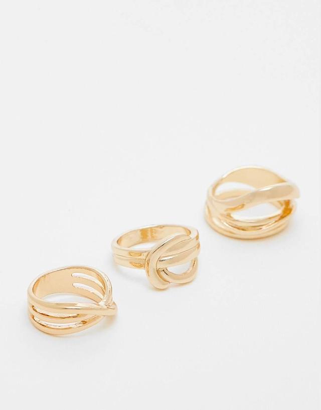 ASOS DESIGN pack of 3 rings with abstract wave detail in gold tone Product Image