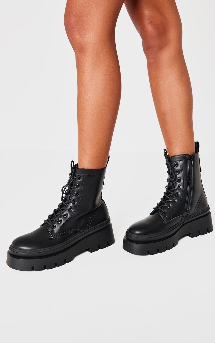 Black PU Round Toe Chunky Sole Biker Boots Product Image