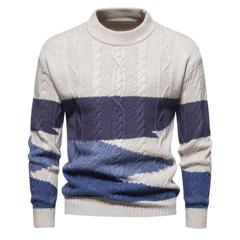 Crew Neck Color Block Striped Cable Knit Sweater Product Image