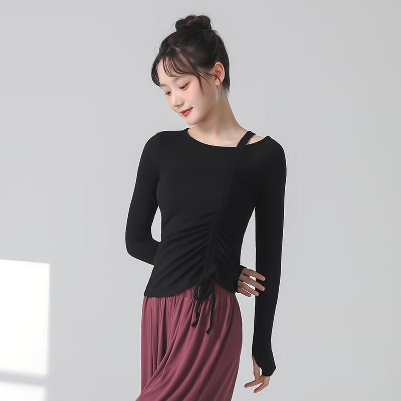 Long-Sleeve Asymmetrical Plain Crop Top Product Image