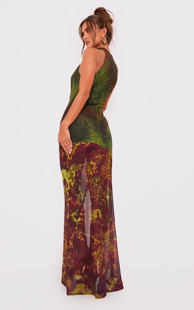 Green Print Mesh Extreme Cut Out Maxi Dress Product Image