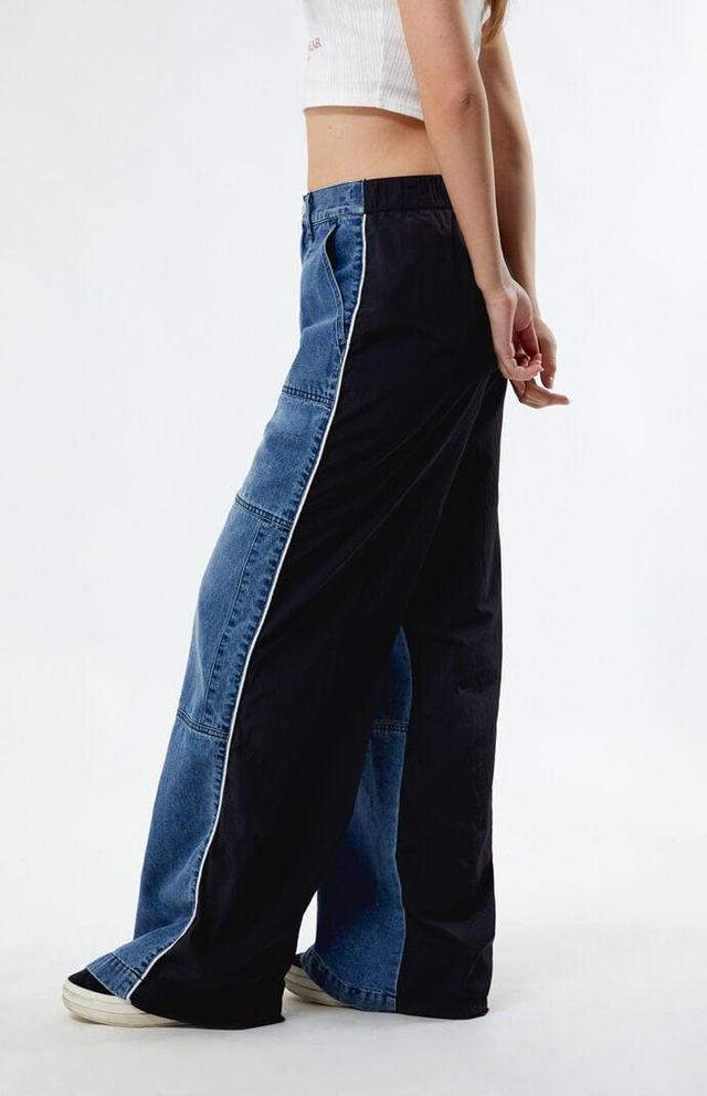 Women's Denim Nylon Low Rise Baggy Track Pants in Blue/Black - Product Image