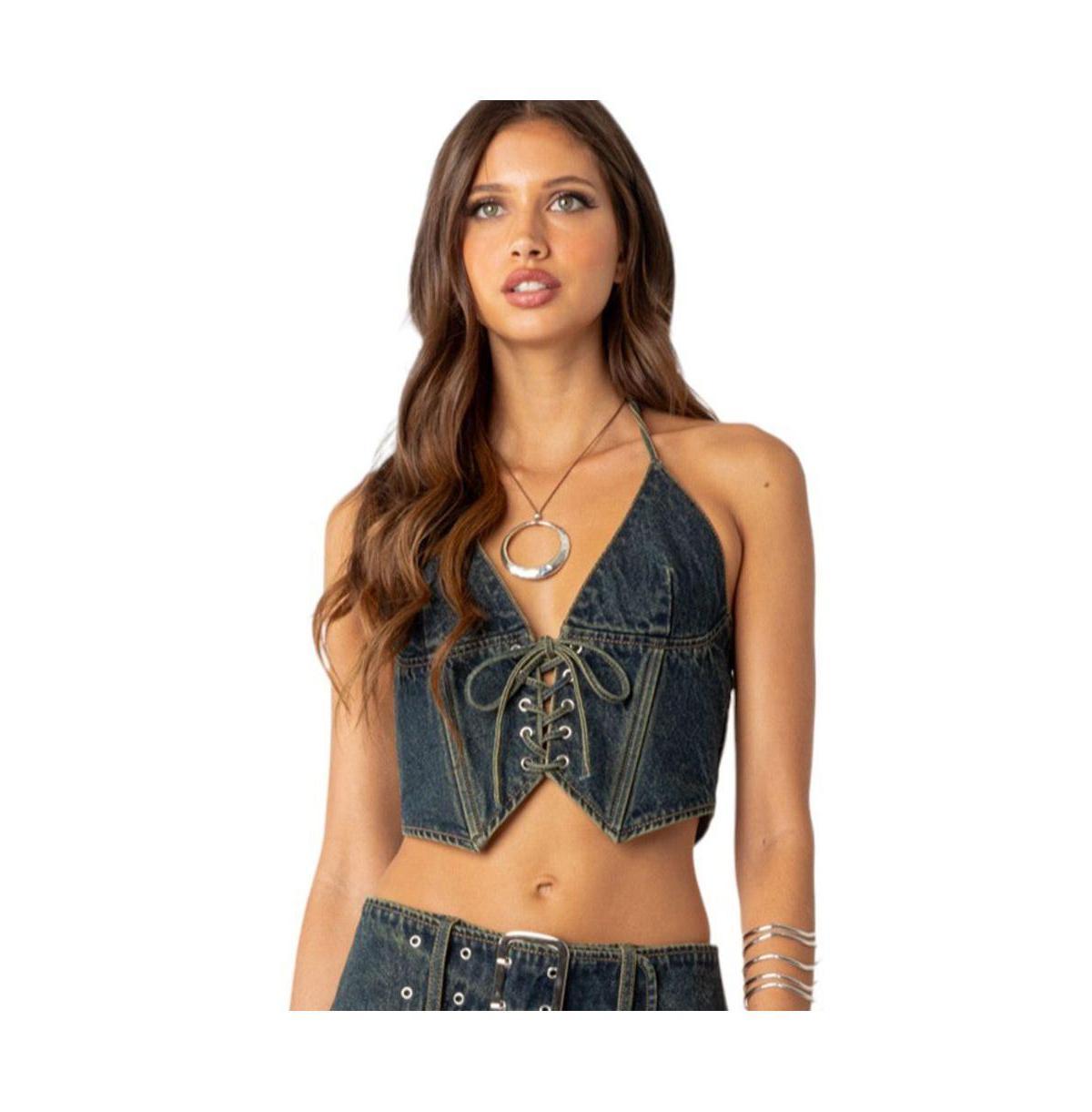 EDIKTED Elara Lace-Up Denim Corset Halter Top Product Image